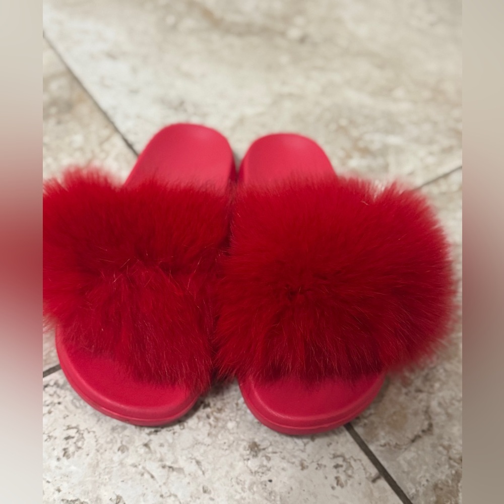 Red Fluffy Slide Sandals